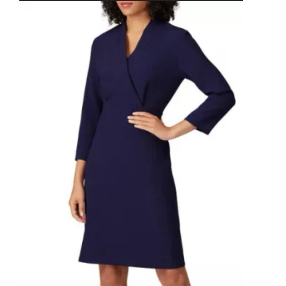 MM. Lafleur Dress size 12 Navy blue Washable Wool office modest wrap easy care